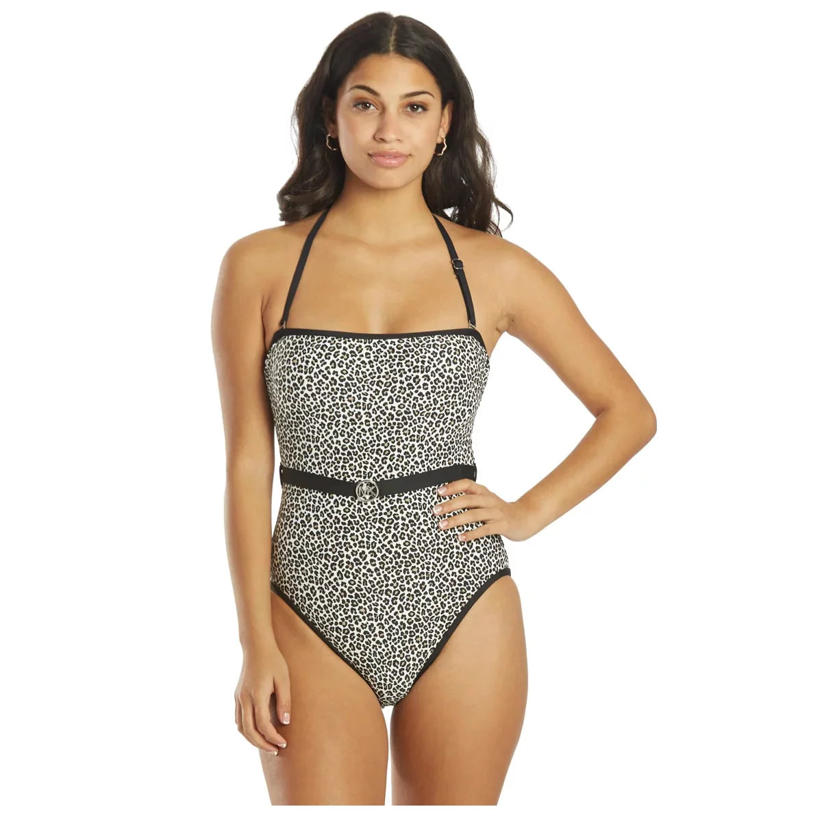 Michael Kors For Her Logo-Belt Printed Bandeau One-Piece Swimsuit  Black Size 10