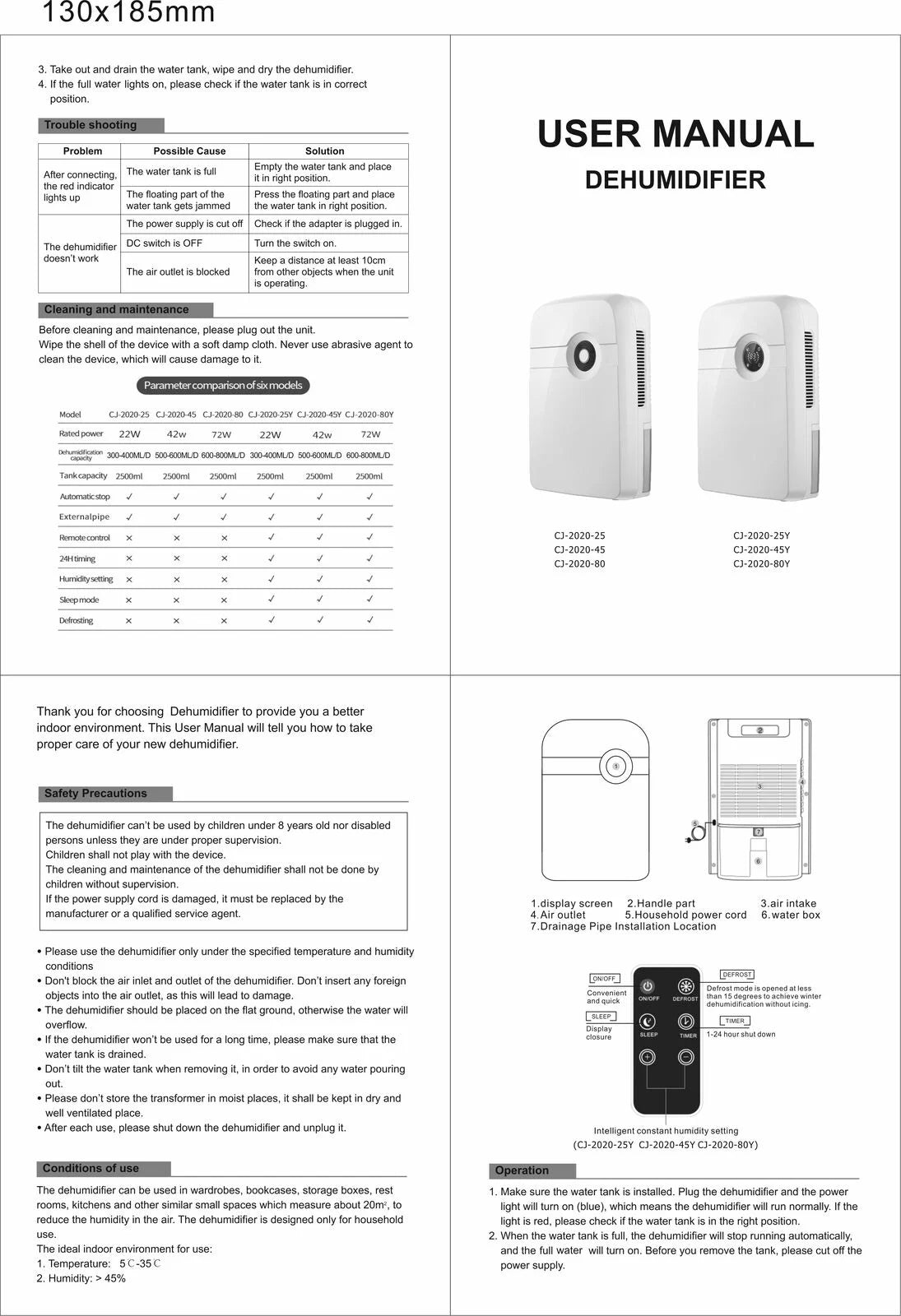2.5L Remote Control Bedroom Dehumidifier Mini Home Air Dryer Damp Moisture Free