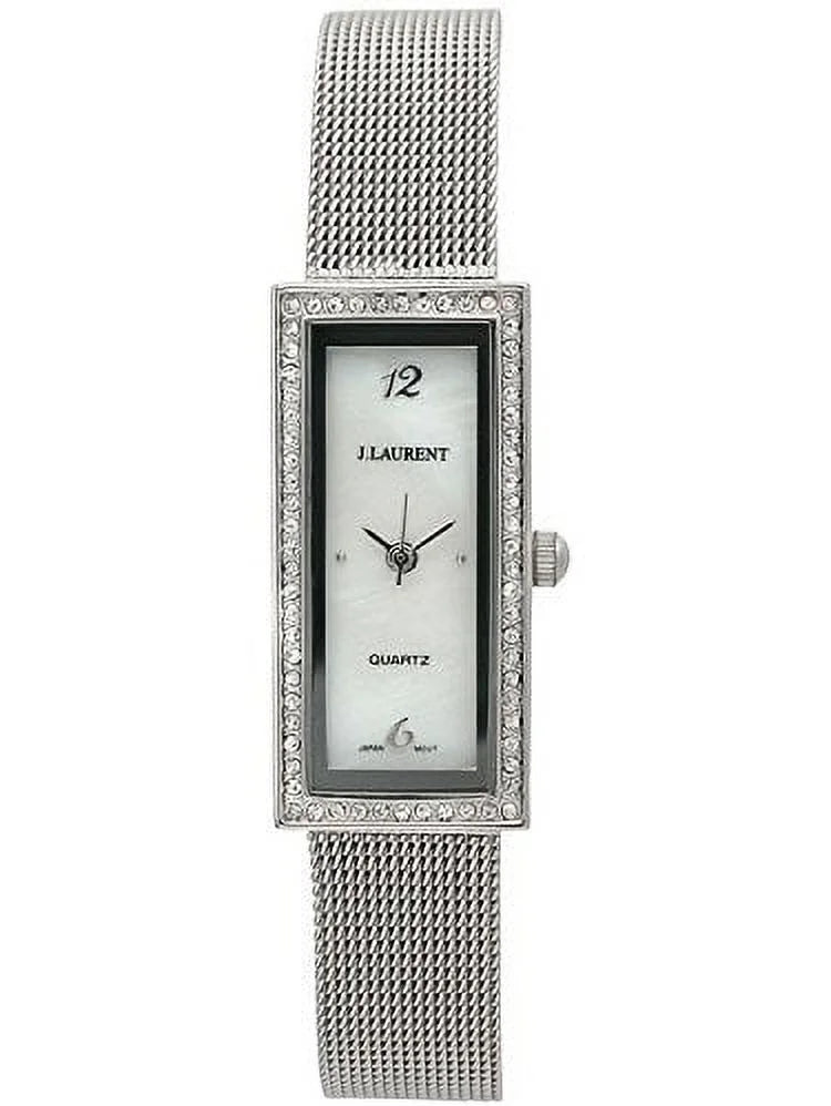 ladies silvertone mesh watch with a crystal row surrounding a mother of pearl dial