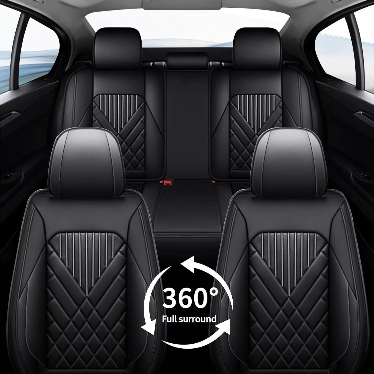 AOMSAZTO Fit Hyundai Kona 2018-2024 Car Seat Cover 5-seat Faux Leather Full Set Compatible Airbag(Black)