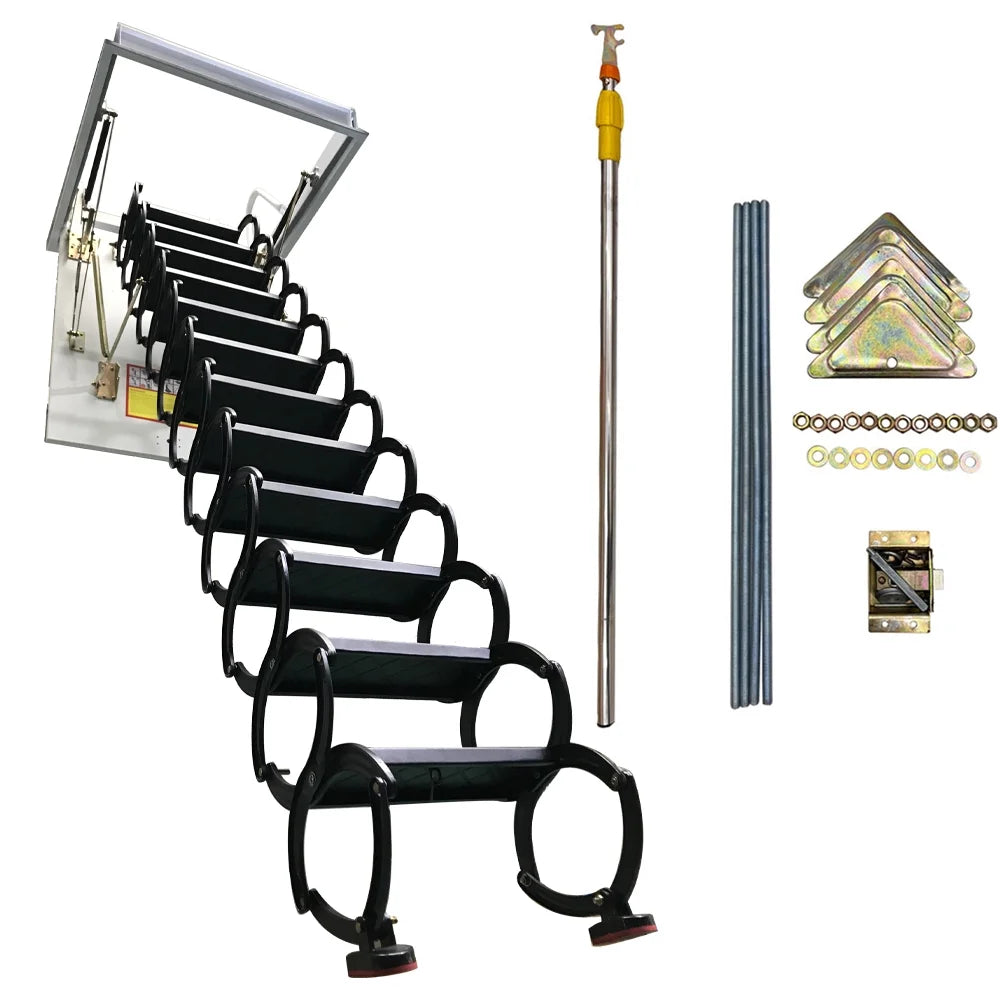 INTSUPERMAI Ceiling Mounted Folding Loft Ladder Attic Stairs 9.8Ft Height 12 Steps Black (Open Size 31.5"x 39.37")