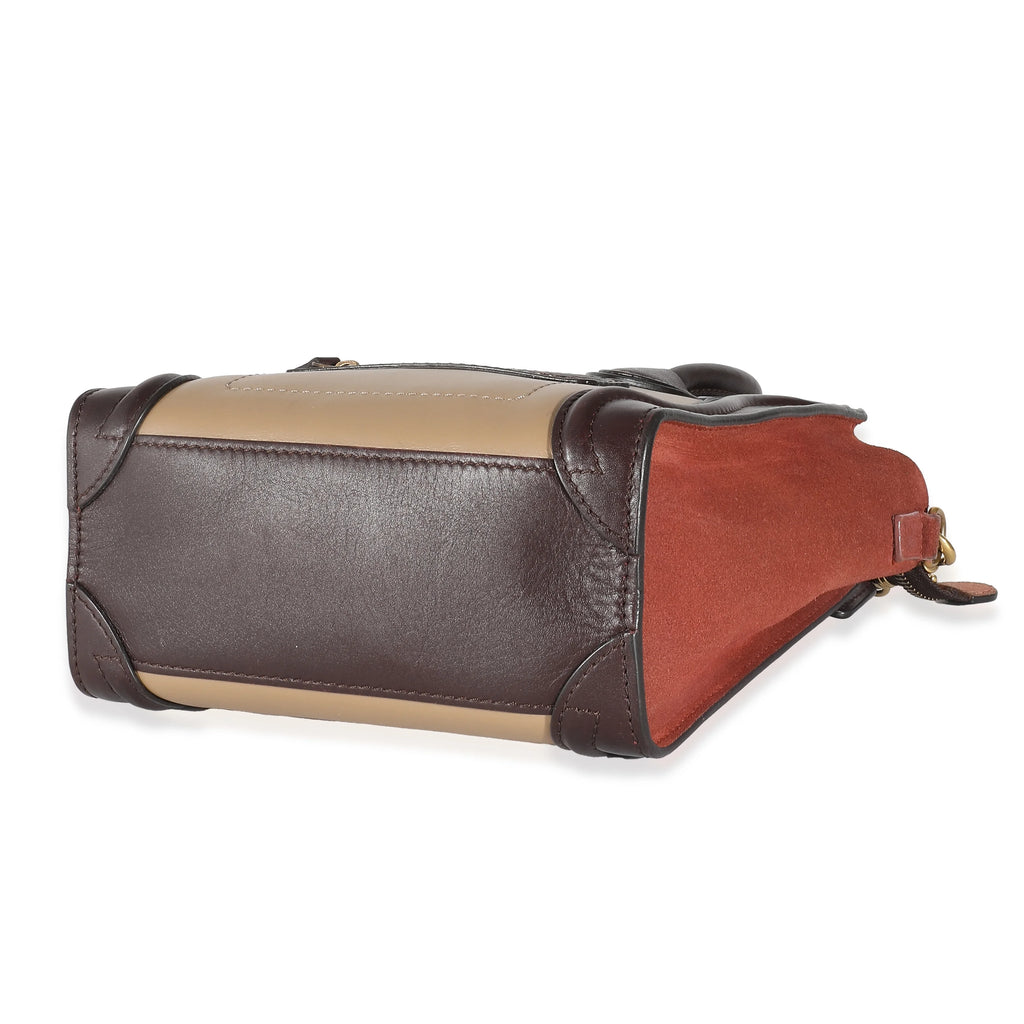 Celine Burgundy Beige Brown Tri-Colour Suede Leather Nano Luggage Secondhand