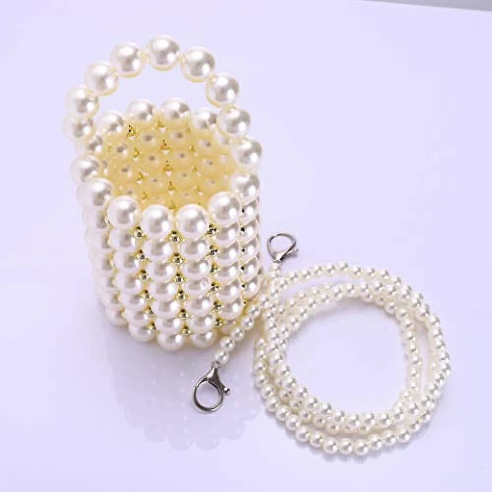 Beaded Handbag for Women White Pearl Decoration Evening Bags with Detachable Chain Inner Bag Medium