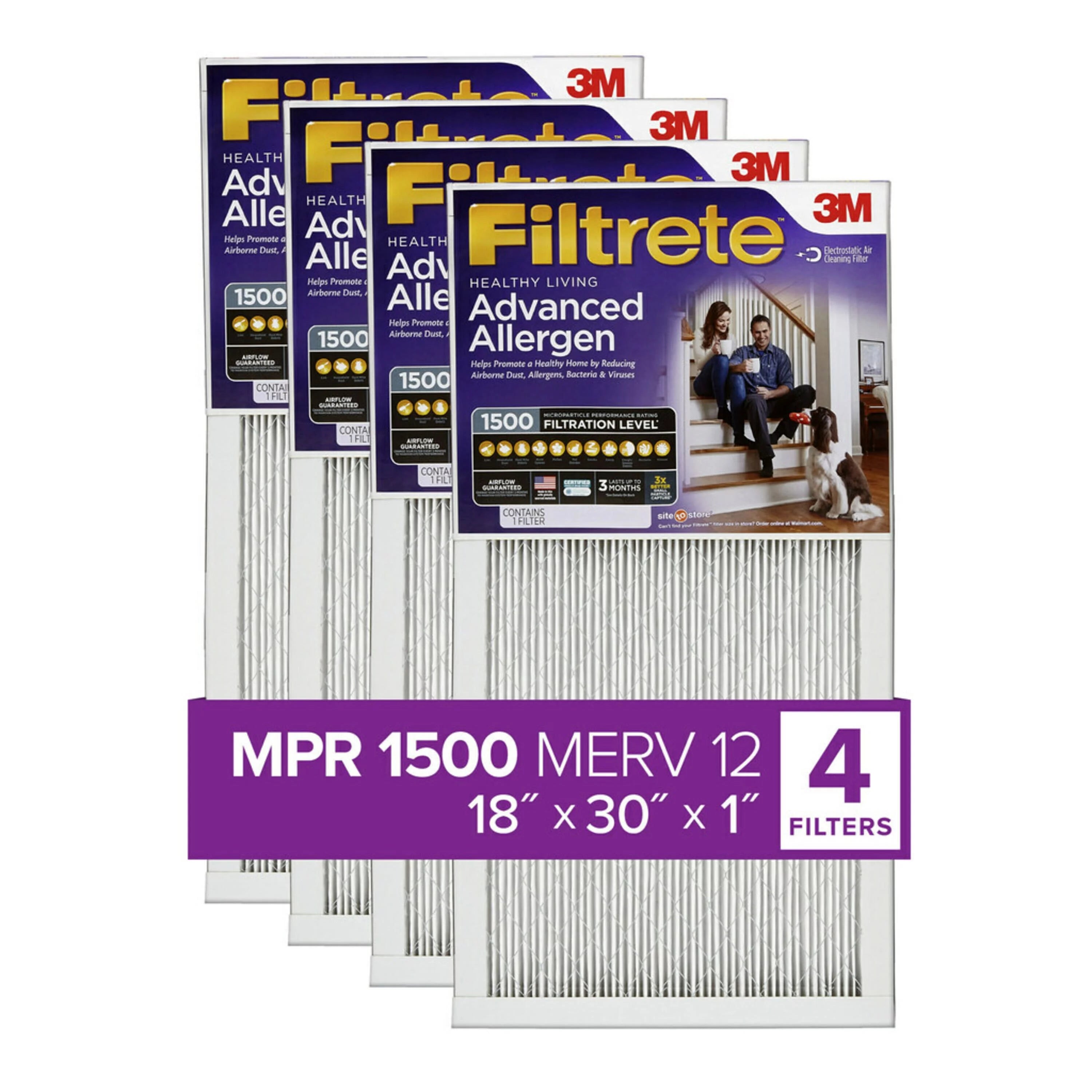 Filtrete 18x30x1 Air Filter, MPR 1500 MERV 12, Advanced Allergen Reduction, 4 Filters