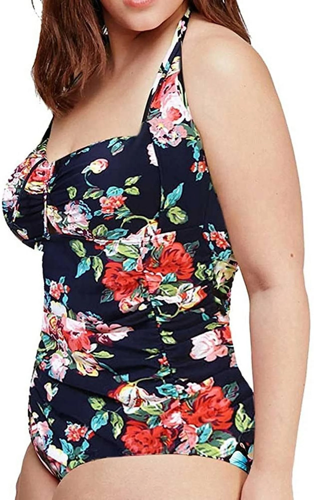 QZUnique For Her One Piece Bathing Suit Tummy Control Swimwear Halter Ruched Swimsuit Plus Size Vintage Monokini