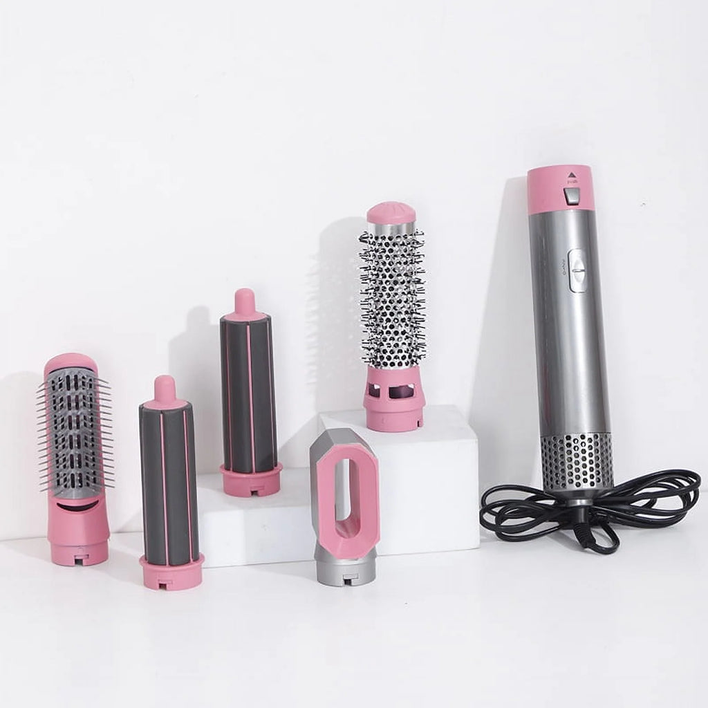 5-in-1 Electric Hair Dryer Brush - Negative Ionic Hair Styler with Detachable Brush Heads - Blow Dryer Brush for Straightening and Automatic Curling Styling, Color: Pink