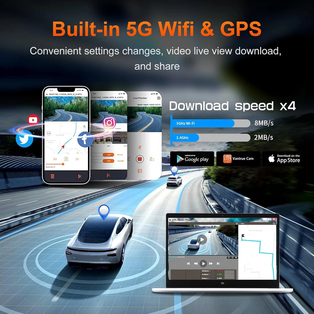 VVCAR R39 3 Channel 5K Dash Cam WiFi GPS with 64GB Card 3.99" IPS Front Inside Rear Car Dashboard Camera Recorder Parking Mode