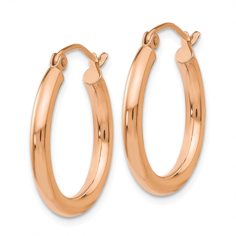 Real 14kt Rose Gold Polished 2.5mm Lightweight Tube Hoop Earrings; for Adults and Teens; for Women and Men