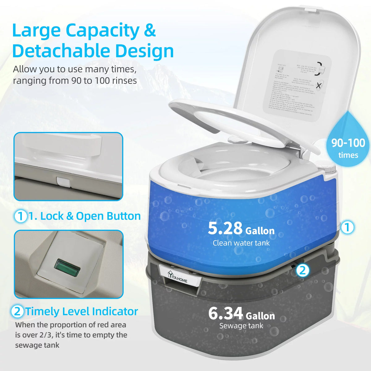 DWVO Portable Toilet, 6.34 Gallon Camping RV Porta Potty , Outdoor RV Toilet with Level Indicator, Rotating Spout