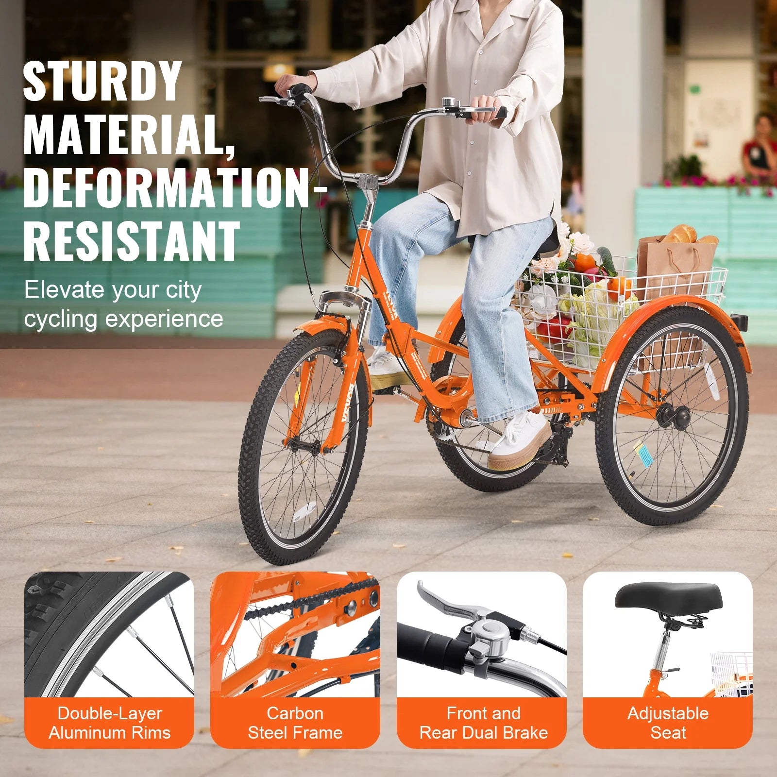 SKYSHALO Folding Adult Tricycle 24" 7-Speed Adult 3 Wheel Trike Carbon Metal Orange