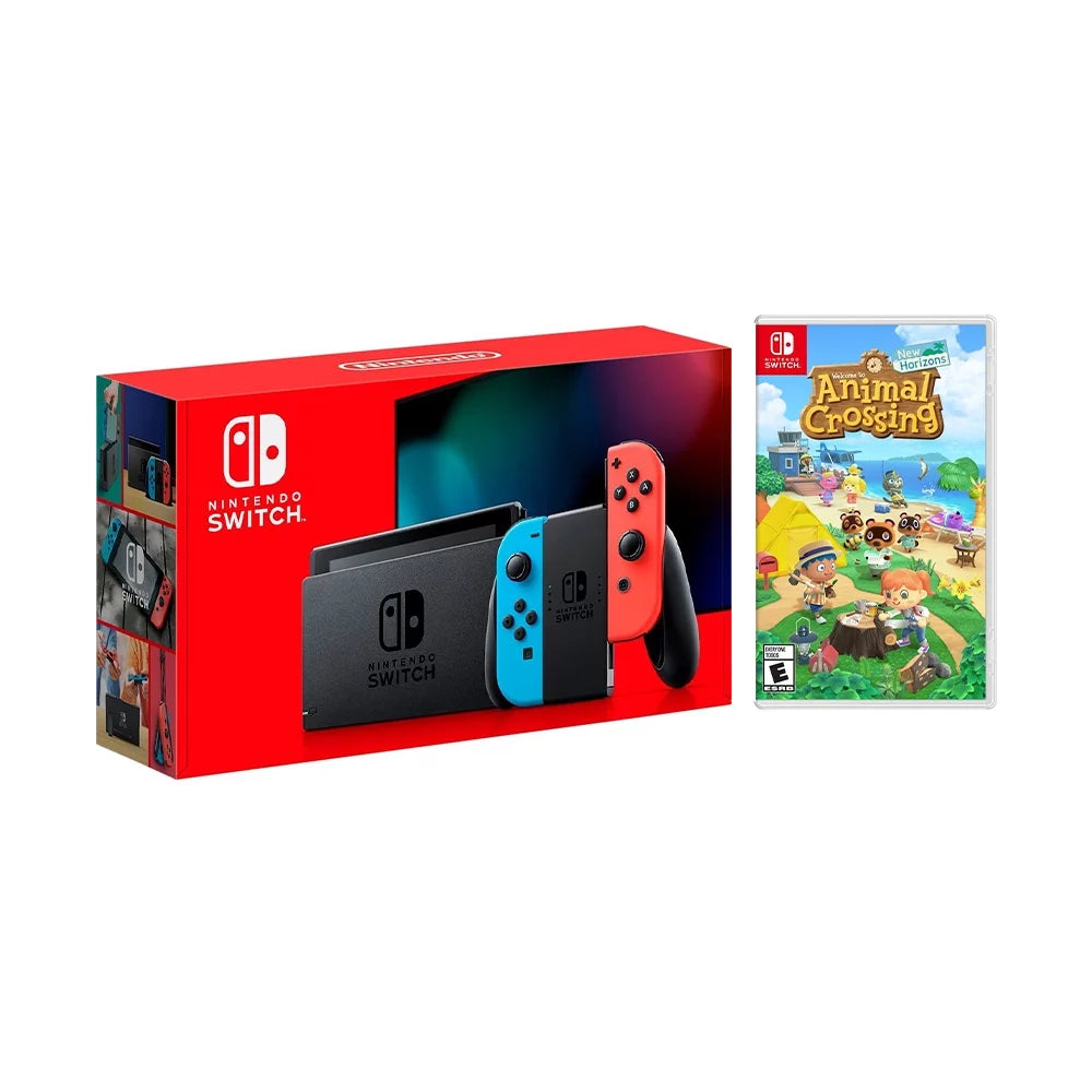 New Nintendo Switch Neon Red/Blue Joy-Con Improved Battery Life Console Bundle with Animal Crossing: New Horizons NS Game Disc