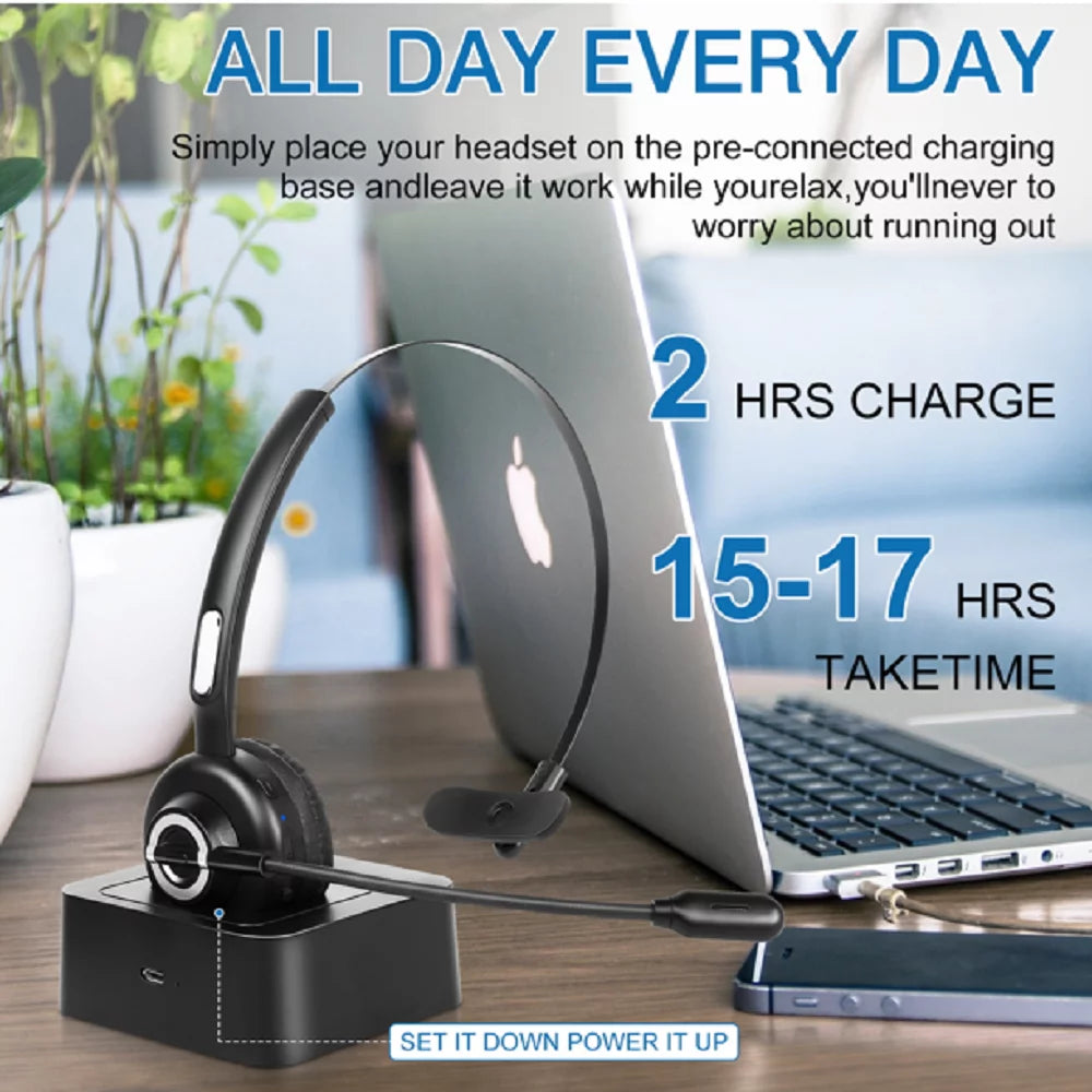 Comfortable Bluetooth Headset, UX-M97 Wireless Headset with Microphone, Wireless Cell Phone Headset with Noise Isolation Mic Charging Base Mute Function for Tecno Camon 17 With Charging Dock
