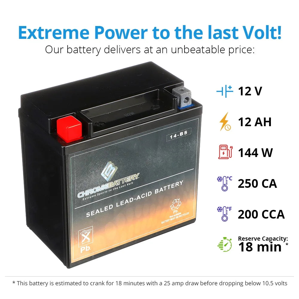 Chrome Battery Ytx14-bs (14-bs 12 Volts,12 Ah, 200 Cca) Sealed AGM Motorcycle Battery for Honda 1100cc Vt1100c, C3, T Shadow (spirit, Aero, A. C. E. Tourer) 2004