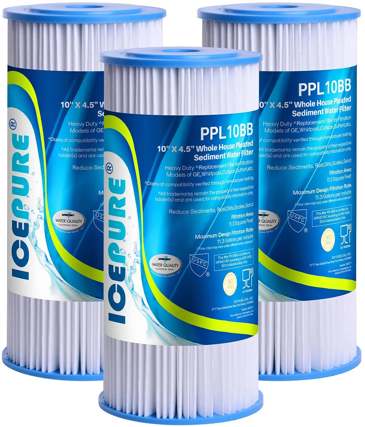 10" x 4.5" Whole House Pleated Sediment Water Filter Replacement for GE FXHSC, Culligan R50-BBSA, Pentek R50-BB, DuPont WFHDC3001, W50PEHD, GXWH40L, GXWH35F, for Well Water, Pack of 3