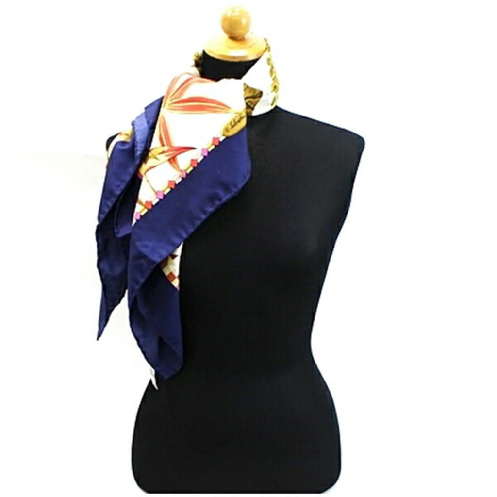 Secondhand Salvatore Ferragamo Silk Scarf Muffler Navy x Multicolor Leopard Print For Her (Good)