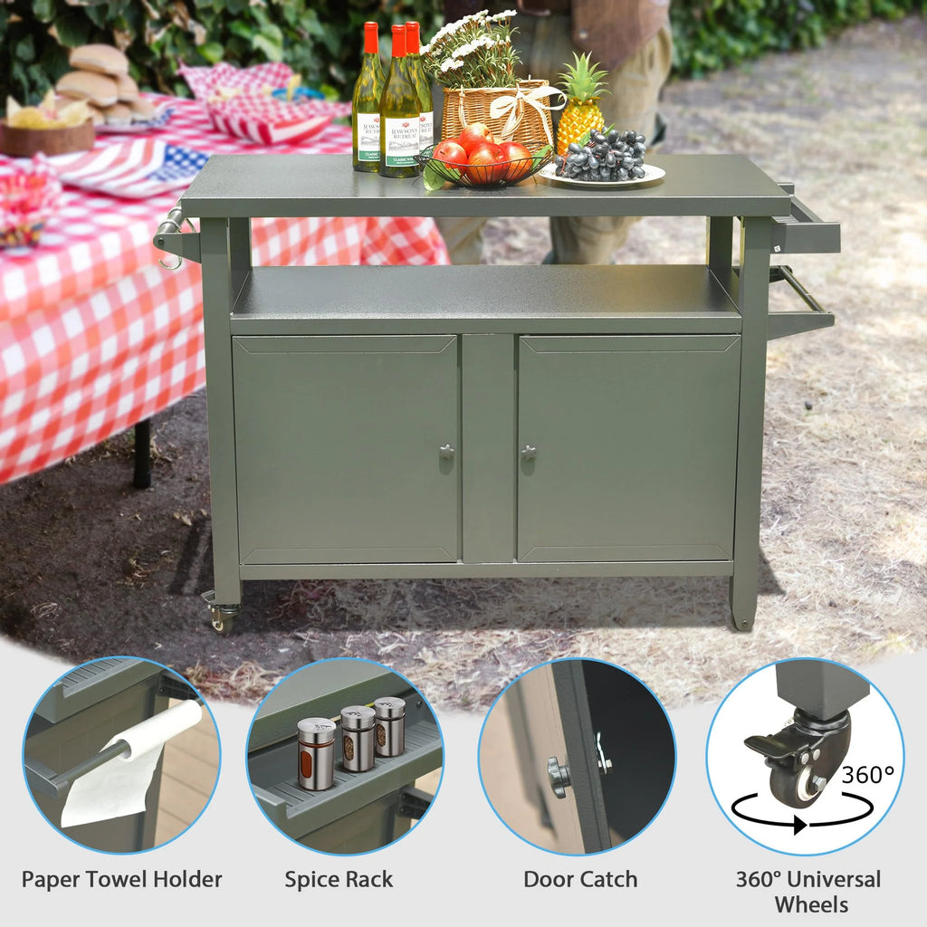 CoSoTower Grill Carts Outdoor Storage Cabinet with Wheels, Metal Outdoor Grill Table Kitchen Dining Table Cooking Prep BBQ Table for Patio, Kitchen Island, Home Party, Bar (Grey)