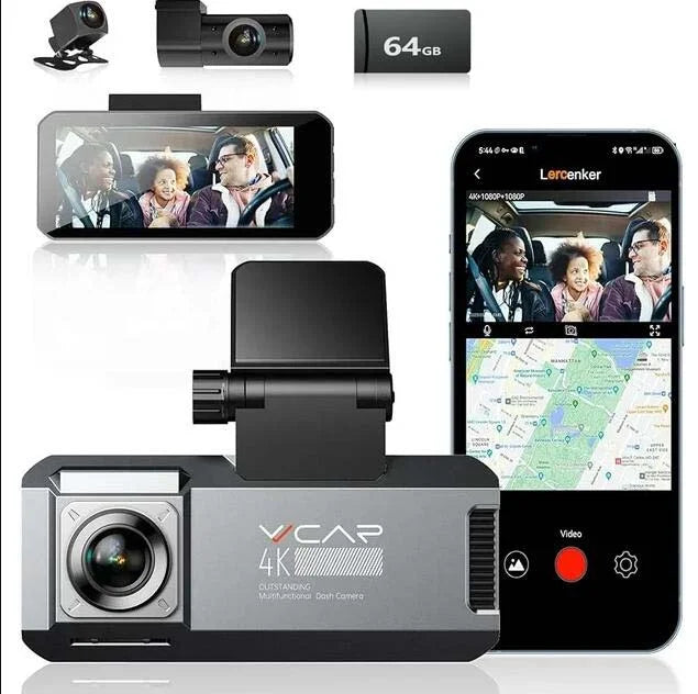 VVCAR R39 3 Channel 5K Dash Cam WiFi GPS with 64GB Card 3.99" IPS Front Inside Rear Car Dashboard Camera Recorder Parking Mode