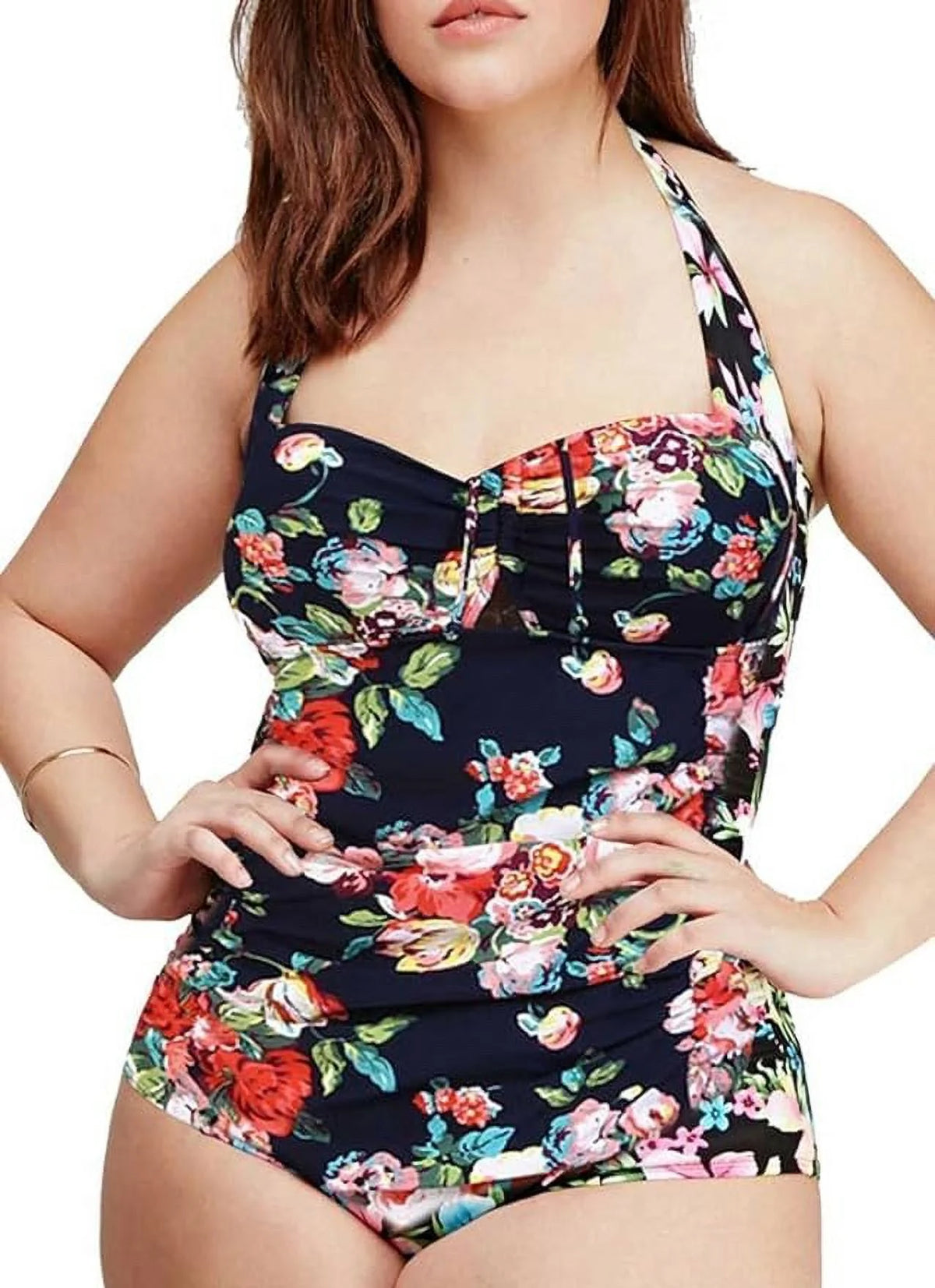 QZUnique For Her One Piece Bathing Suit Tummy Control Swimwear Halter Ruched Swimsuit Plus Size Vintage Monokini