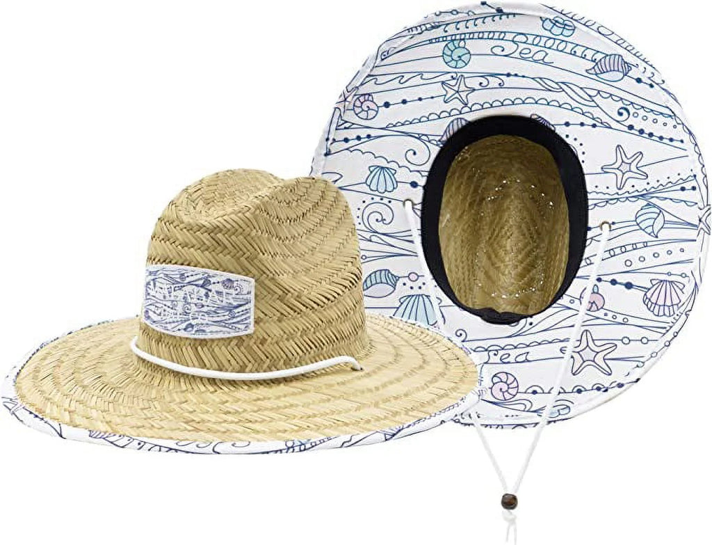 Shells Kids Fabric Pattern Print Straw Children's Sunhat, Boy & Girl, Ages 3+, Lifeguard Hat, Beach, Swim, Cruise, Paddle Board, Boat, Fishing, Fits All, Malabar Hat