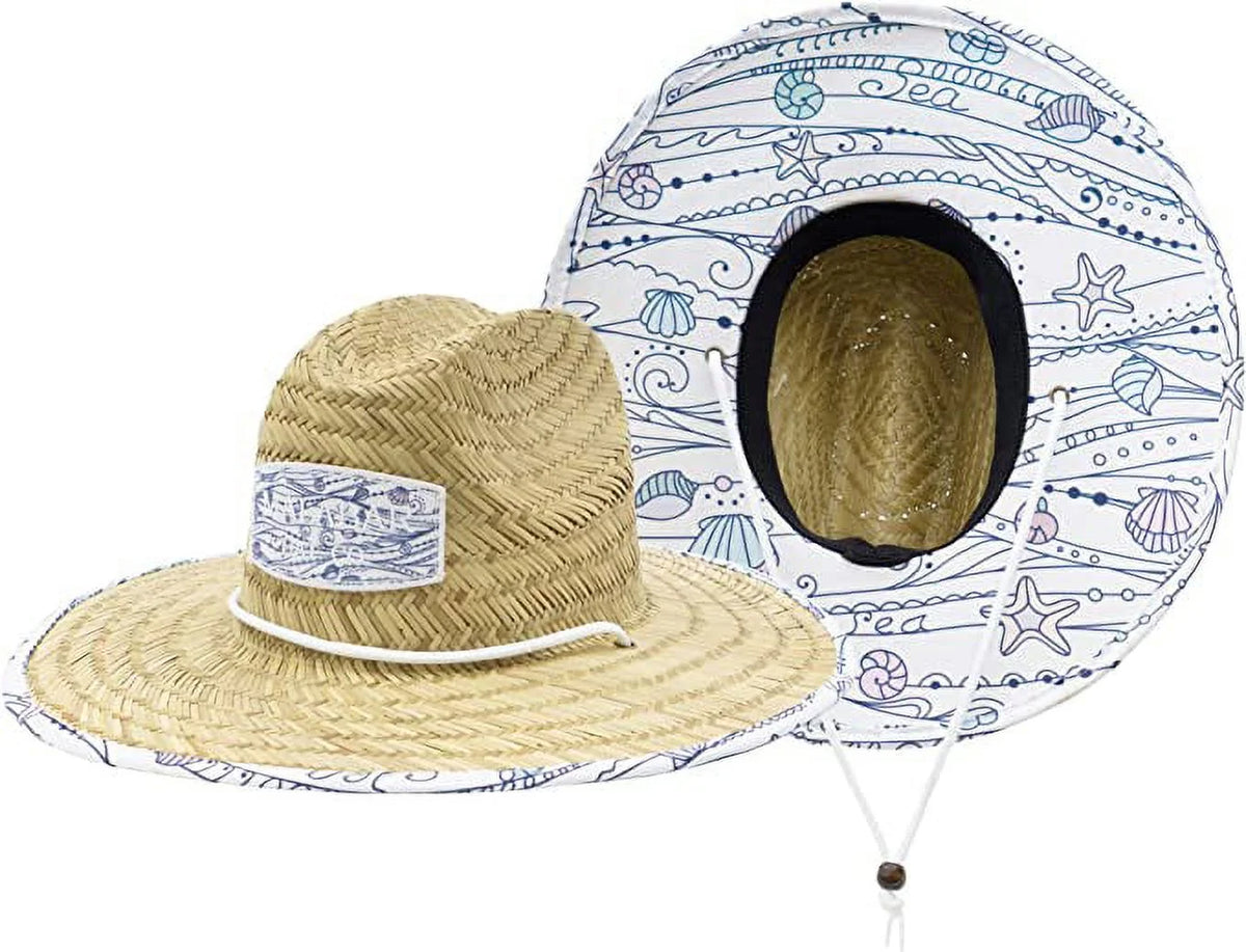 Shells Kids Fabric Pattern Print Straw Children's Sunhat, Boy & Girl, Ages 3+, Lifeguard Hat, Beach, Swim, Cruise, Paddle Board, Boat, Fishing, Fits All, Malabar Hat