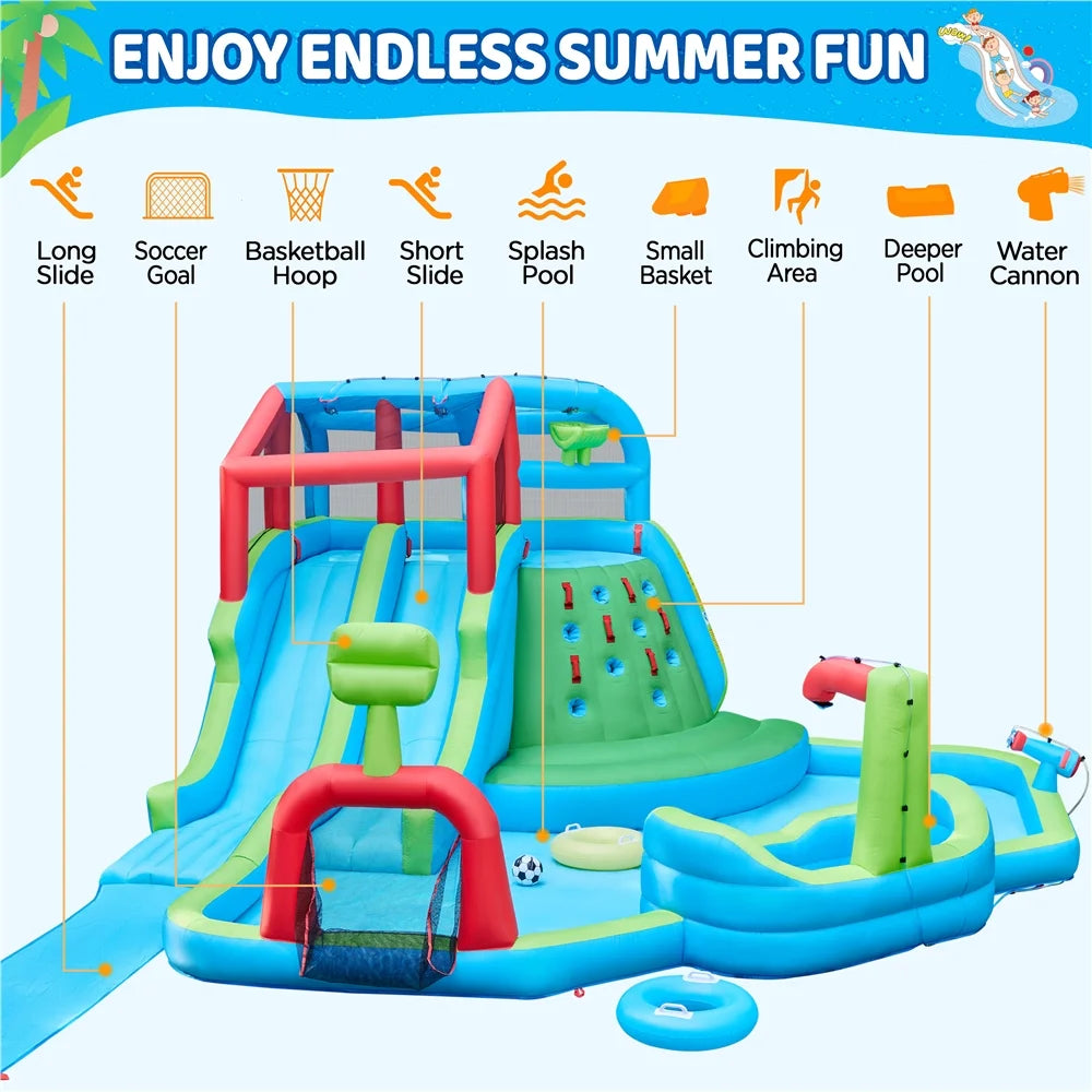 Alden Design Double Lane Inflatable Water Slide for Kids Aged 3 To 10 with Basketball Hoop & Climbing Wall, Green
