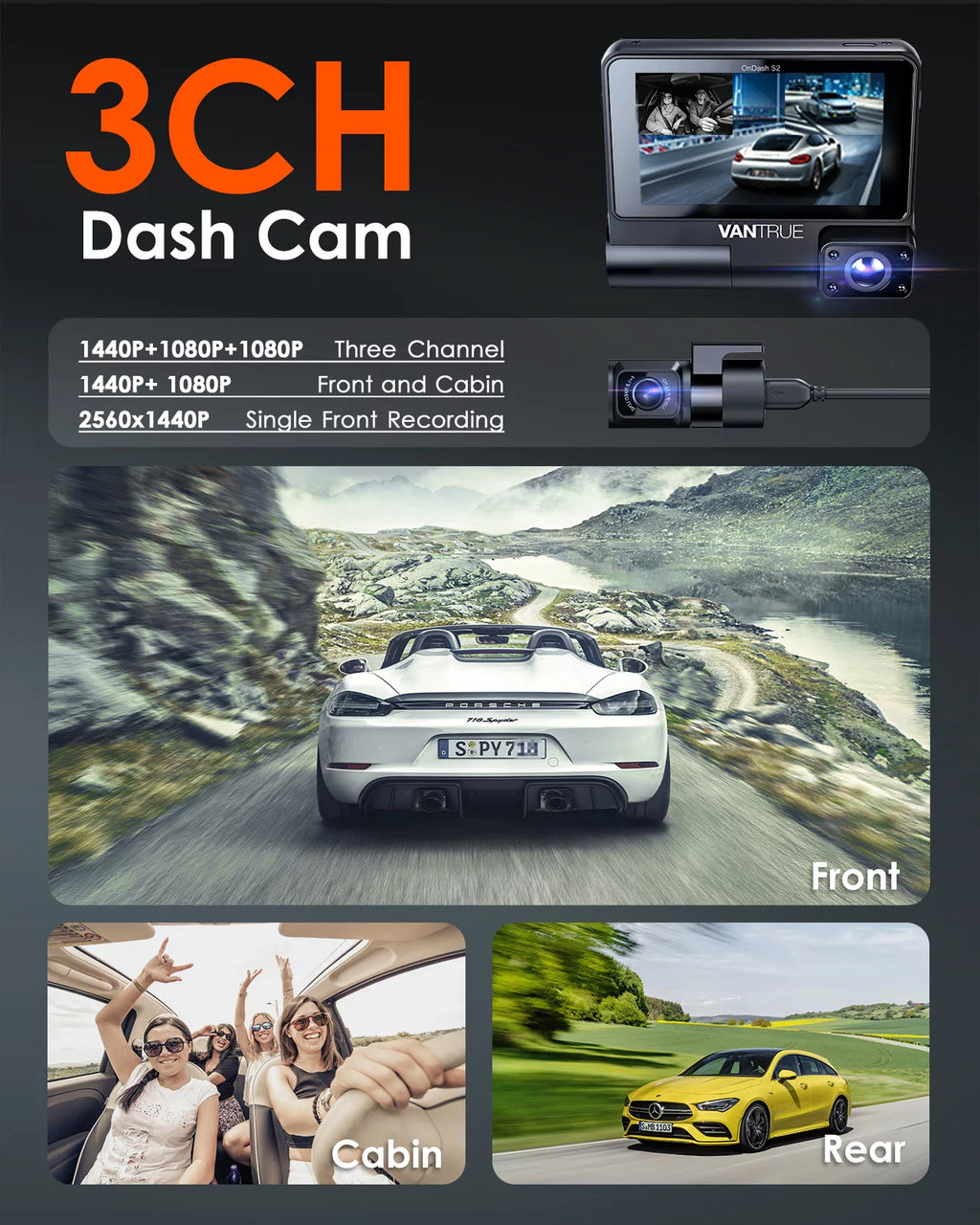 Vantrue S2 3 Channel 2K Front+1080P Interior +1080P Rear  30FPS WiFi Dash Cam, 3 inch Touchable IPS Screen Car Camera with Nearly 360° Wide Angle, GPS built in, 24h Parking Monitor, Supercapacitor