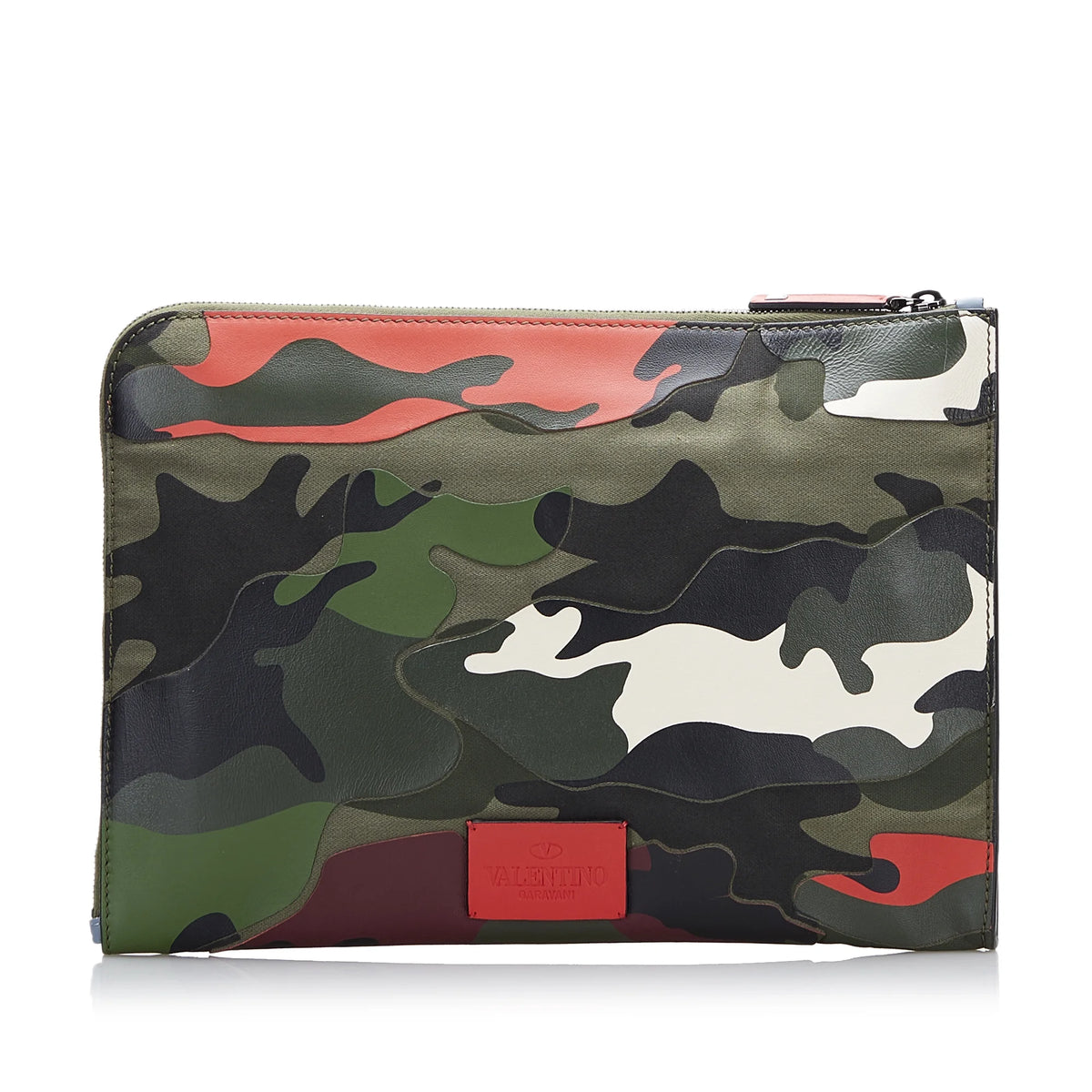 Used Authenticated Valentino Camouflage and Leather Clutch Bag Canvas Fabric Green WristletBag Unisex (Good)