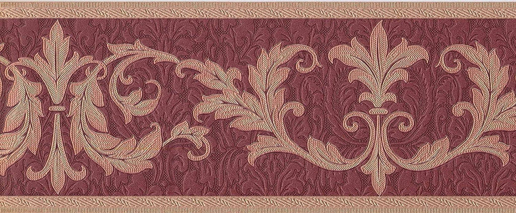 Concord Wallcoverings Wallpaper Border Damask Pattern Victorian Style Leaves for Living Room Bedroom, Red Gold Bronze, 7 Inches by 15 Feet 30150