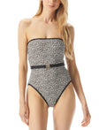 Michael Kors For Her Logo-Belt Printed Bandeau One-Piece Swimsuit  Black Size 10