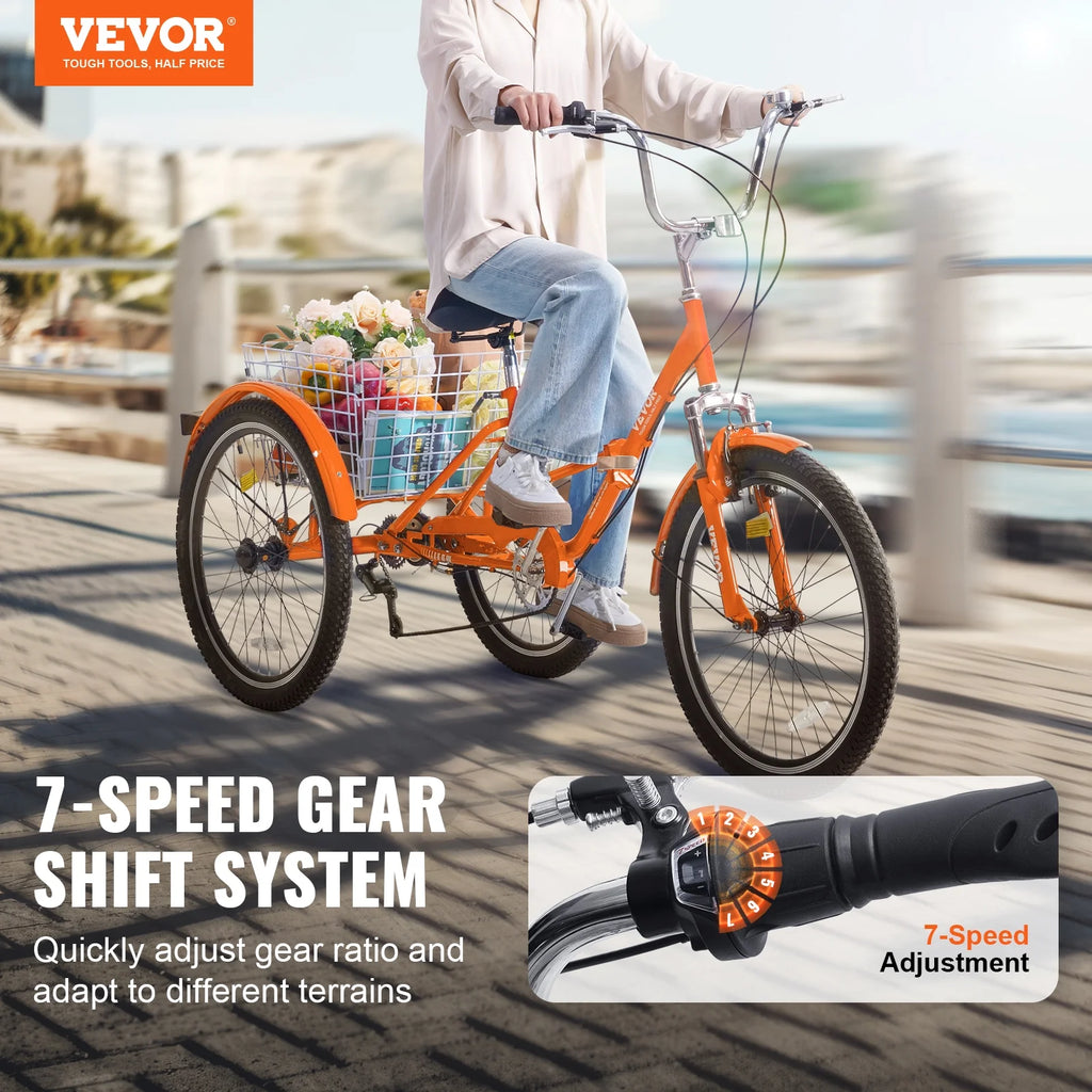 SKYSHALO Folding Adult Tricycle 24" 7-Speed Adult 3 Wheel Trike Carbon Metal Orange