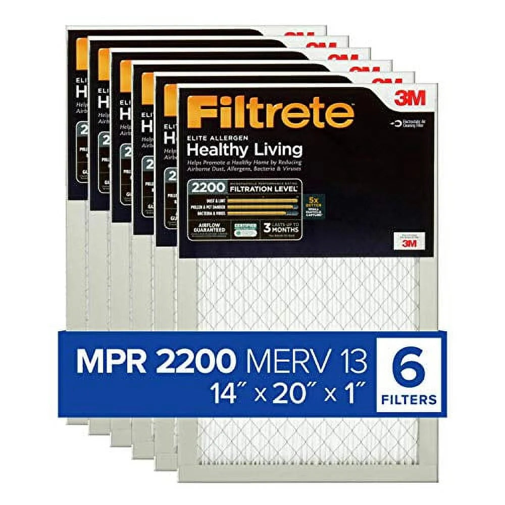 Filtrete 14x20x1, AC Furnace Air Filter, MPR 2200, Healthy Living Elite Allergen, 6-Pack (exact dimensions 13.81 x 19.81 x 0.78)
