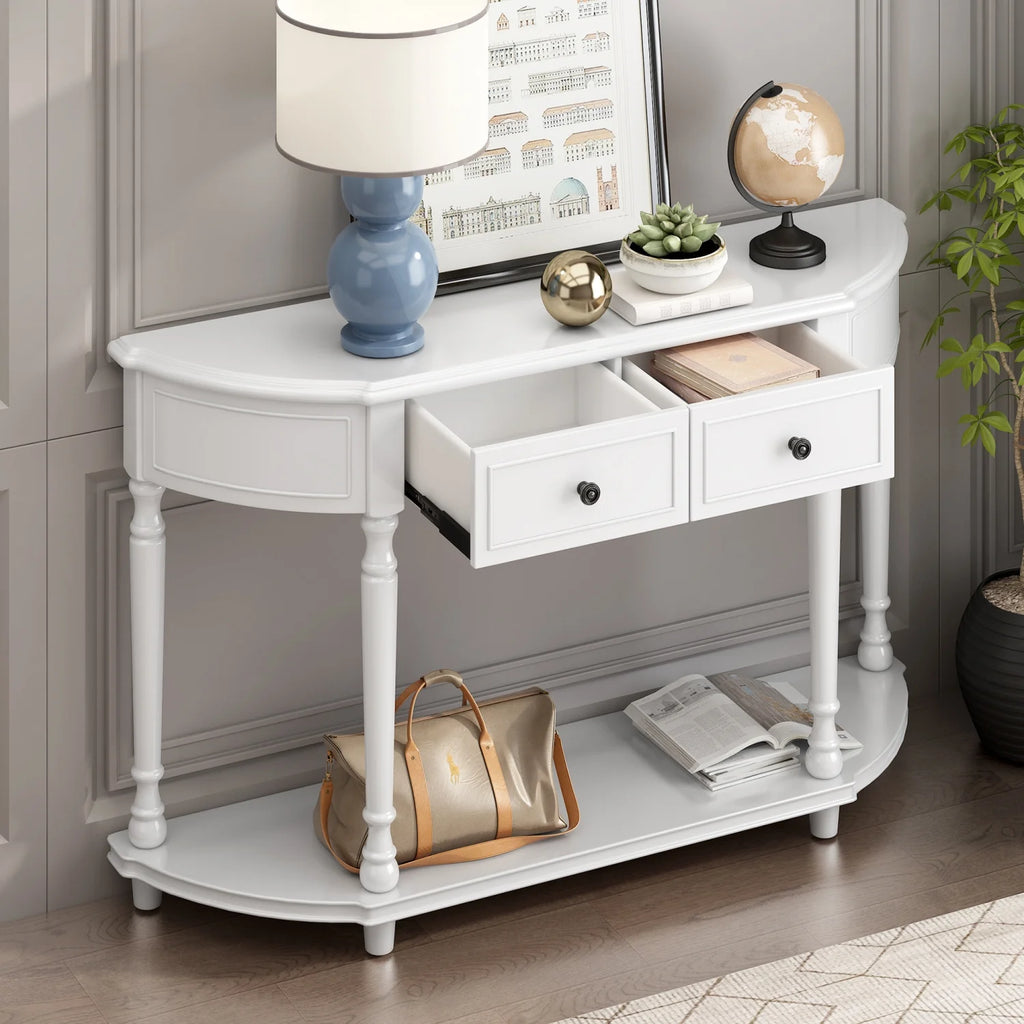TREXM Retro Circular Curved Design Console Table with Open Style Shelf Solid Wooden Frame and Legs Two Top Drawers (White  OLD SKU  WF298768AAK)