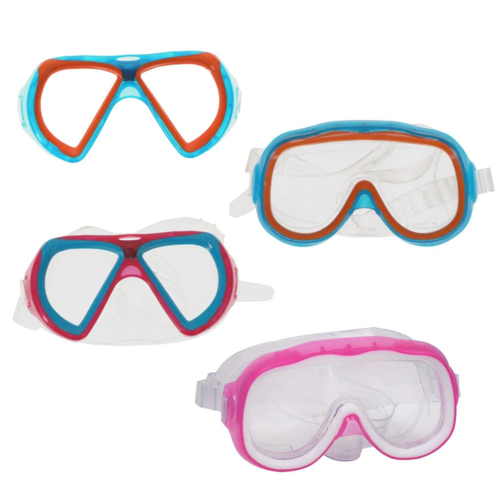 Summer Kids Eyes and Nose Safety Pool Goggles, Outdoor Fun UV Swim Masks Set of 4 & CUSTOM Storage Carrier (Color vary)