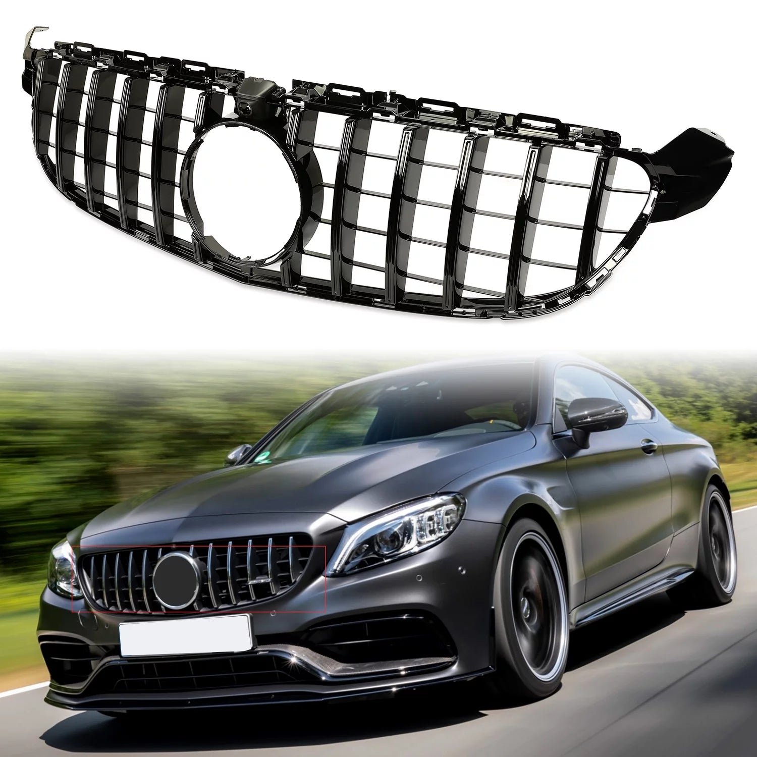 Kojem Front Bumper Grille for 2015 2016 2017 2018 Mercedes Benz W205 C63 AMG S Black Painted for Both with Or without Camera Model Cover