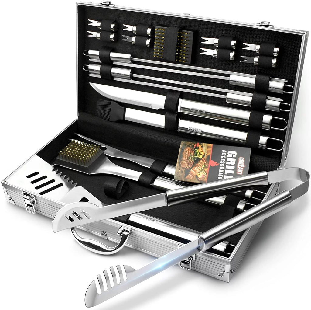BBQ Grill Utensil Tools Set Reinforced BBQ Tongs 19-Piece Corrosion-free-Alloy Barbecue Grilling Accessories with Aluminum Storage Case -Complete Outdoor Grill Kit for Dad, Birthday Gift for Man