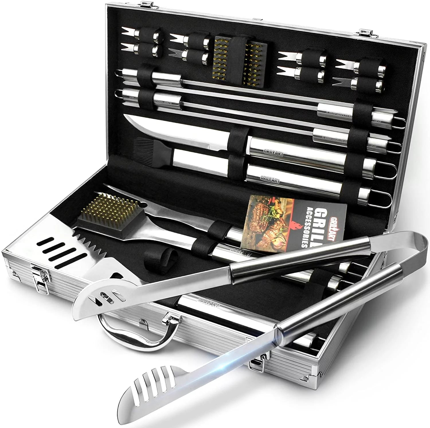 BBQ Grill Utensil Tools Set Reinforced BBQ Tongs 19-Piece Corrosion-free-Alloy Barbecue Grilling Accessories with Aluminum Storage Case -Complete Outdoor Grill Kit for Dad, Birthday Gift for Man
