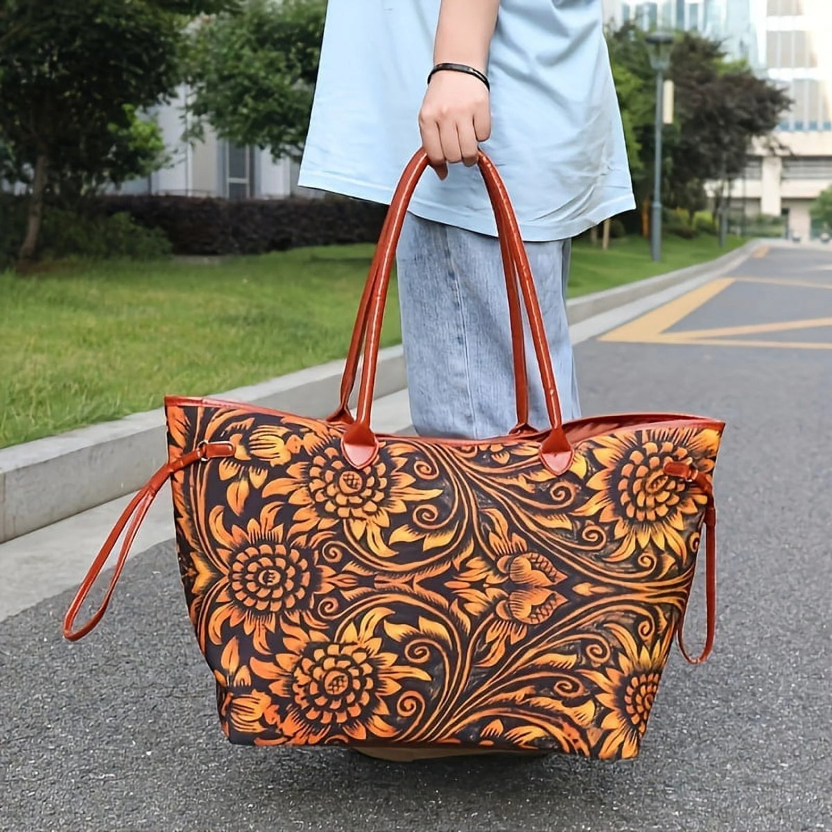 MICHROE Flower Embossed Tote Bag  Luxury Large Capacity Handbag  Women‘s Canvas Shoulder Bag Work Travel Weekender Overnight Bag