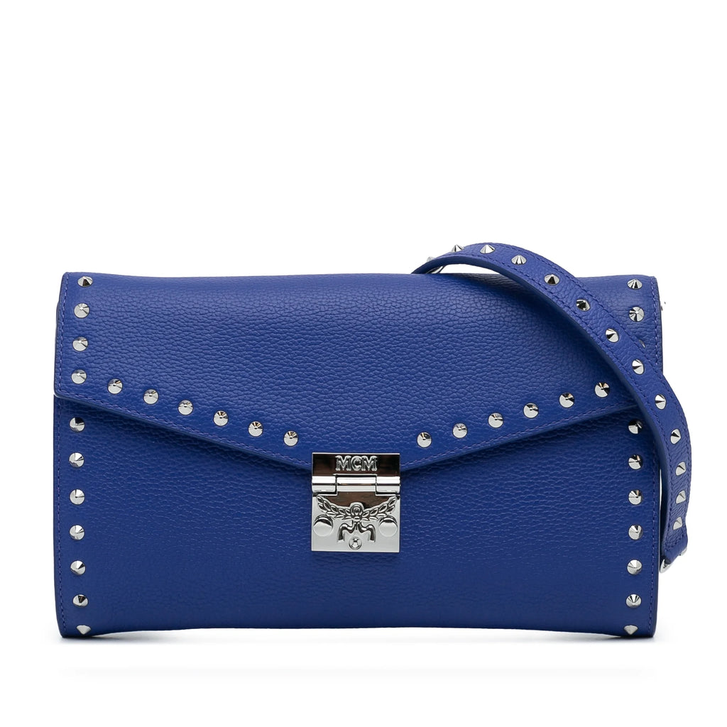 Previously Owned Authenticated MCM Studded Patricia Wallet on Chain Calf Leather Blue Crossbody Bag Unisex (Good)