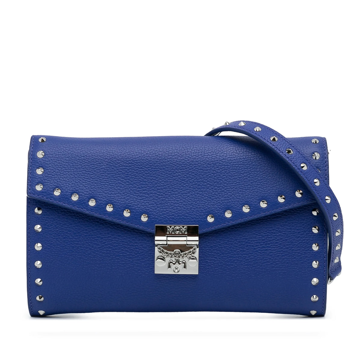 Previously Owned Authenticated MCM Studded Patricia Wallet on Chain Calf Leather Blue Crossbody Bag Unisex (Good)