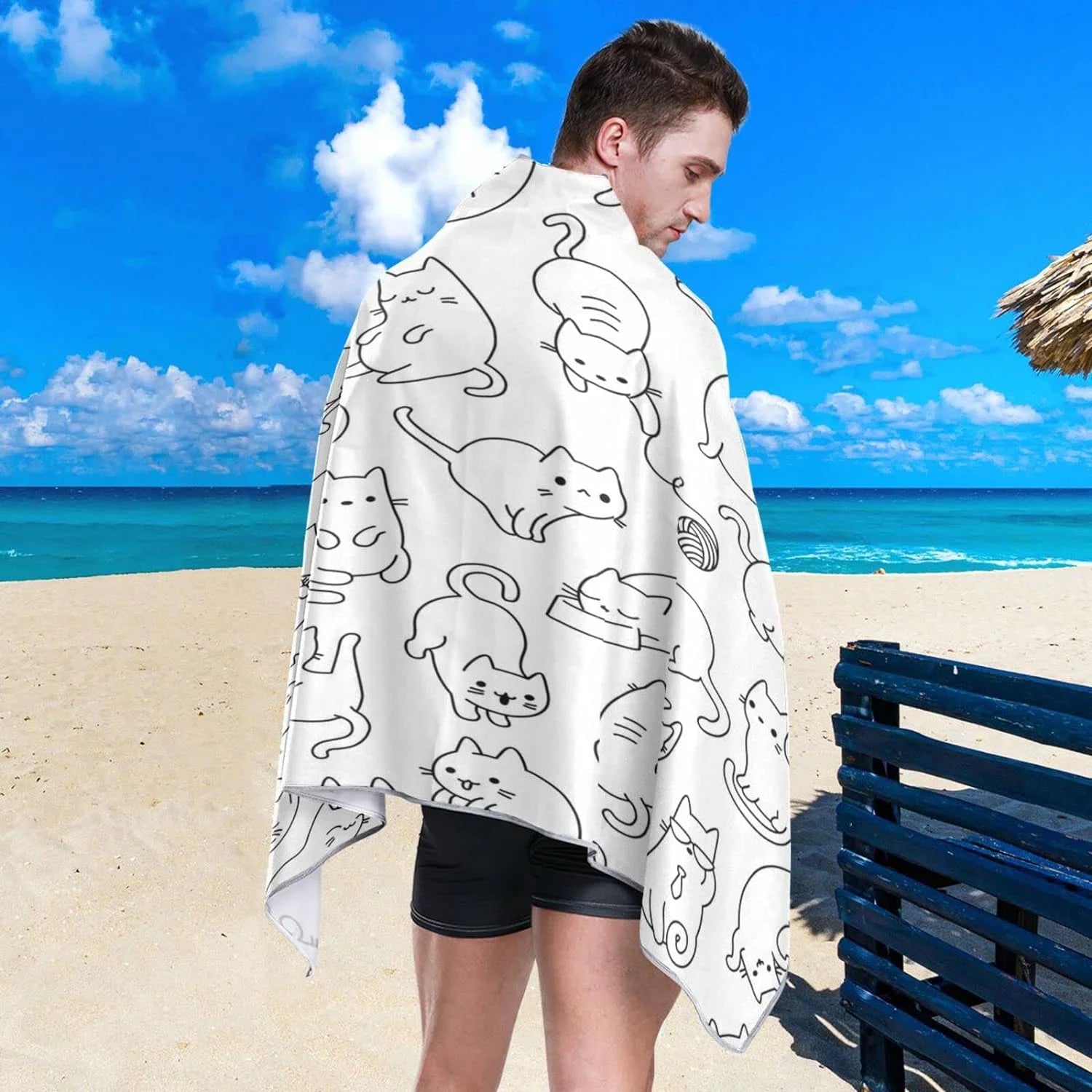 Bestwell Funny Cartoon Cat Beach Towel - Super Absorbent Oversized Travel Towels - Lightweight Compact Quick Dry Towel for Swimming Camping Holiday（191）