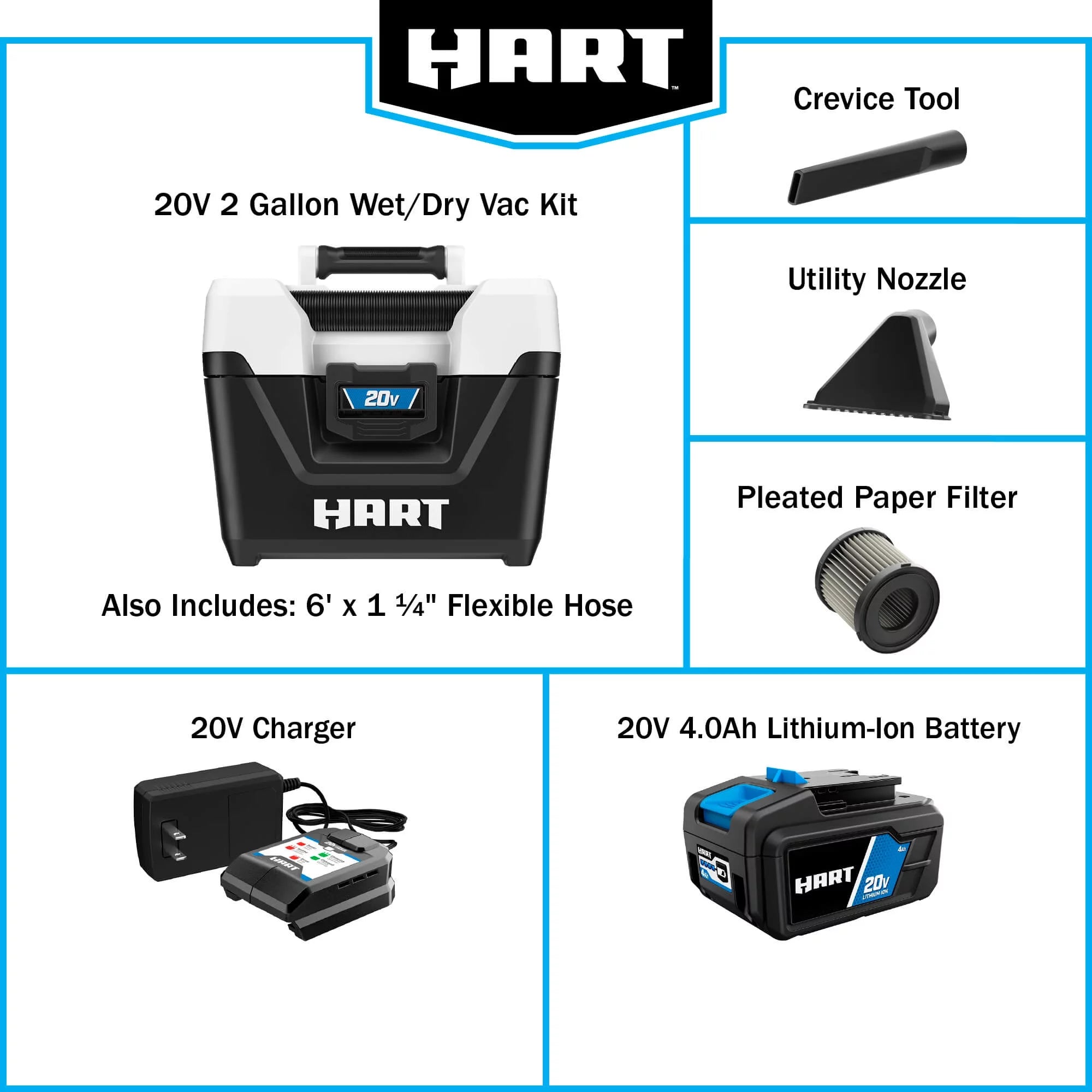 HART 20-Volt Cordless 2-Gallon Wet/Dry Vacuum Kit (1) 20-Volt 4.0Ah Lithium- Ion Battery