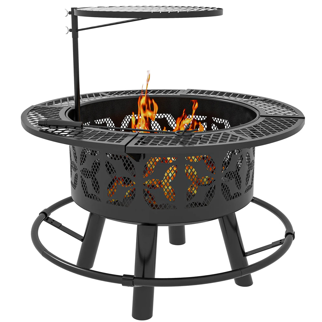 Capri 33" Outdoor Fire Pit BBQ Grill Wood Burning Firepit with Adjustable Cooking Grate and Poker, Round, for Backyard, Patio, Picnic, Black