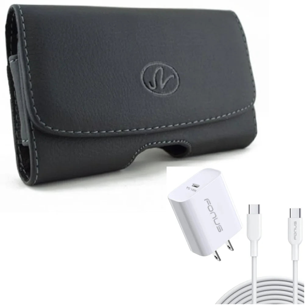10ft Long Cable Fast Type-C 18W PD Home Charger w Swivel Leather Case Belt Clip for Samsung Galaxy XCover Pro S9 Plus S8 Plus S22 Plus S21 Plus S20 Plus S10 Plus FieldPro Fan Edition FE 5G