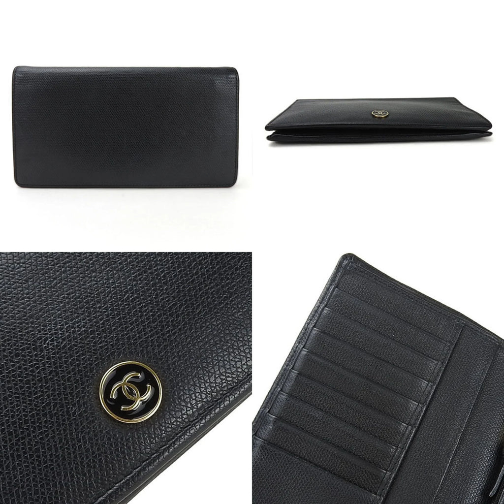 Secondhand CHANEL bifold long wallet A20904 1 Coco button black leather accessories ladies coco (Good)