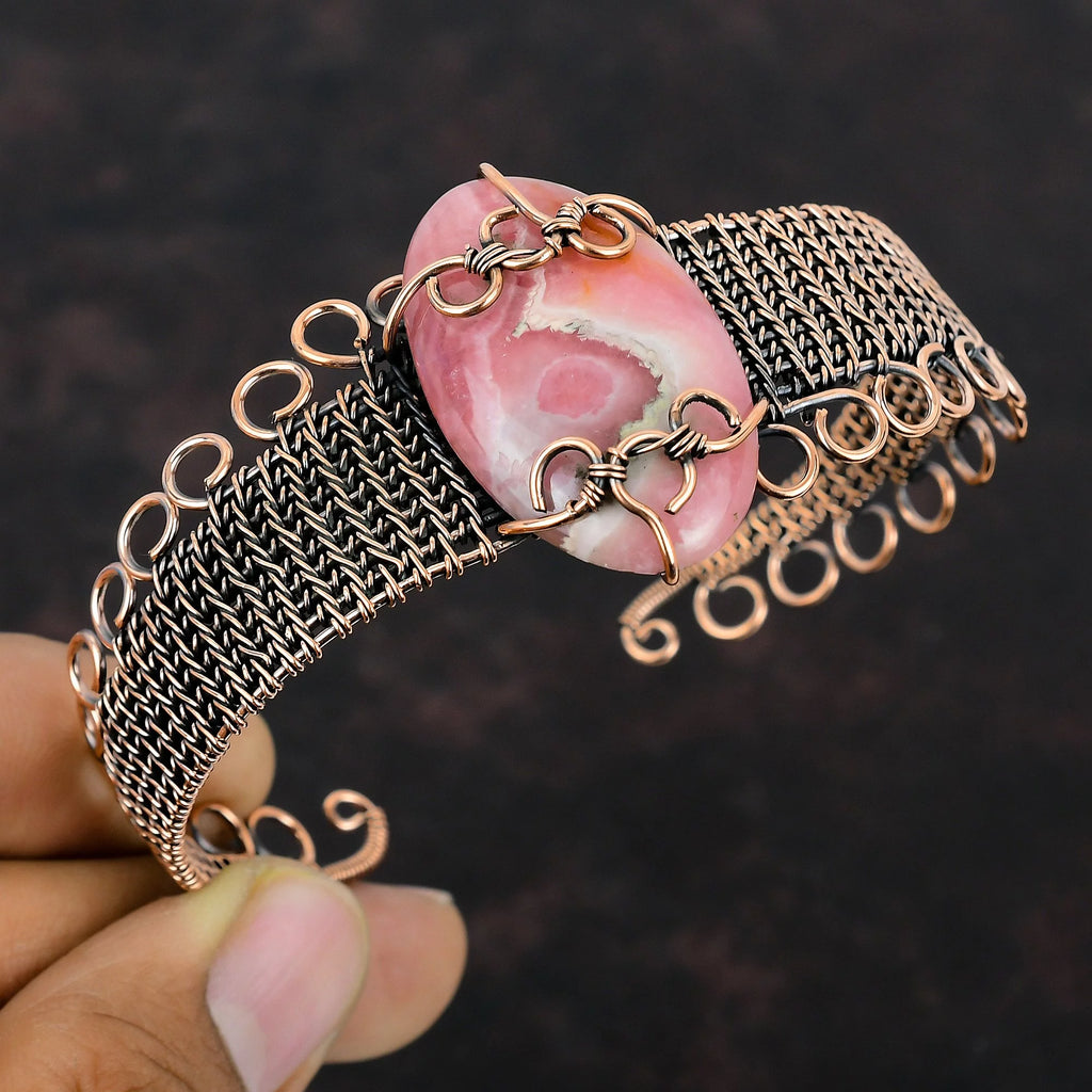 Rhodochrosite Gemstone Cuff Bracelet Adjustable Bangle Copper Wire Wrap Jewelry