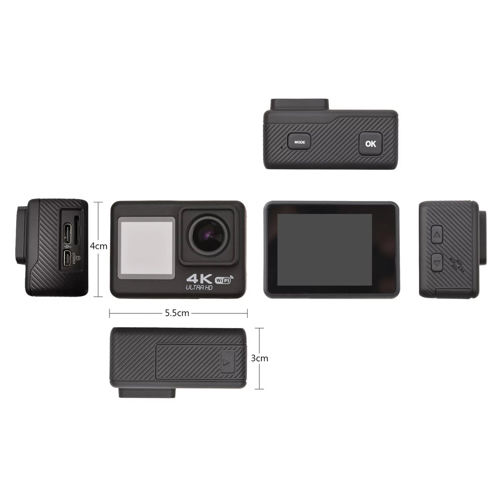 Radirus 4K60FPS Ultra High Definition WiFi Action Camera, Dual Screen, 170° Wide Angle, 30 Meters Waterproof, Sports Camera with Mounting Accessories Kit, Black