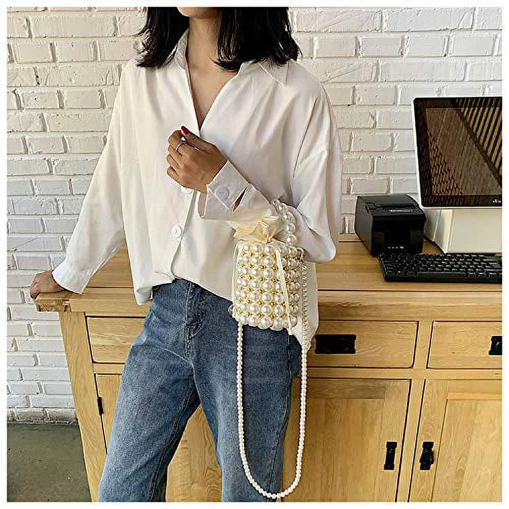 Beaded Handbag for Women White Pearl Decoration Evening Bags with Detachable Chain Inner Bag Medium