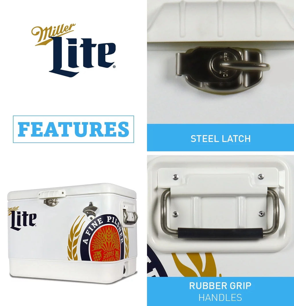 Miller Lite Ice Chest Beverage Cooler with Bottle Opener, 51L (54 QT), 85 Can Metal-belted Portable Cooler, White and Blue, for Camping, Beach, RV, BBQs, Tailgating, Fishing