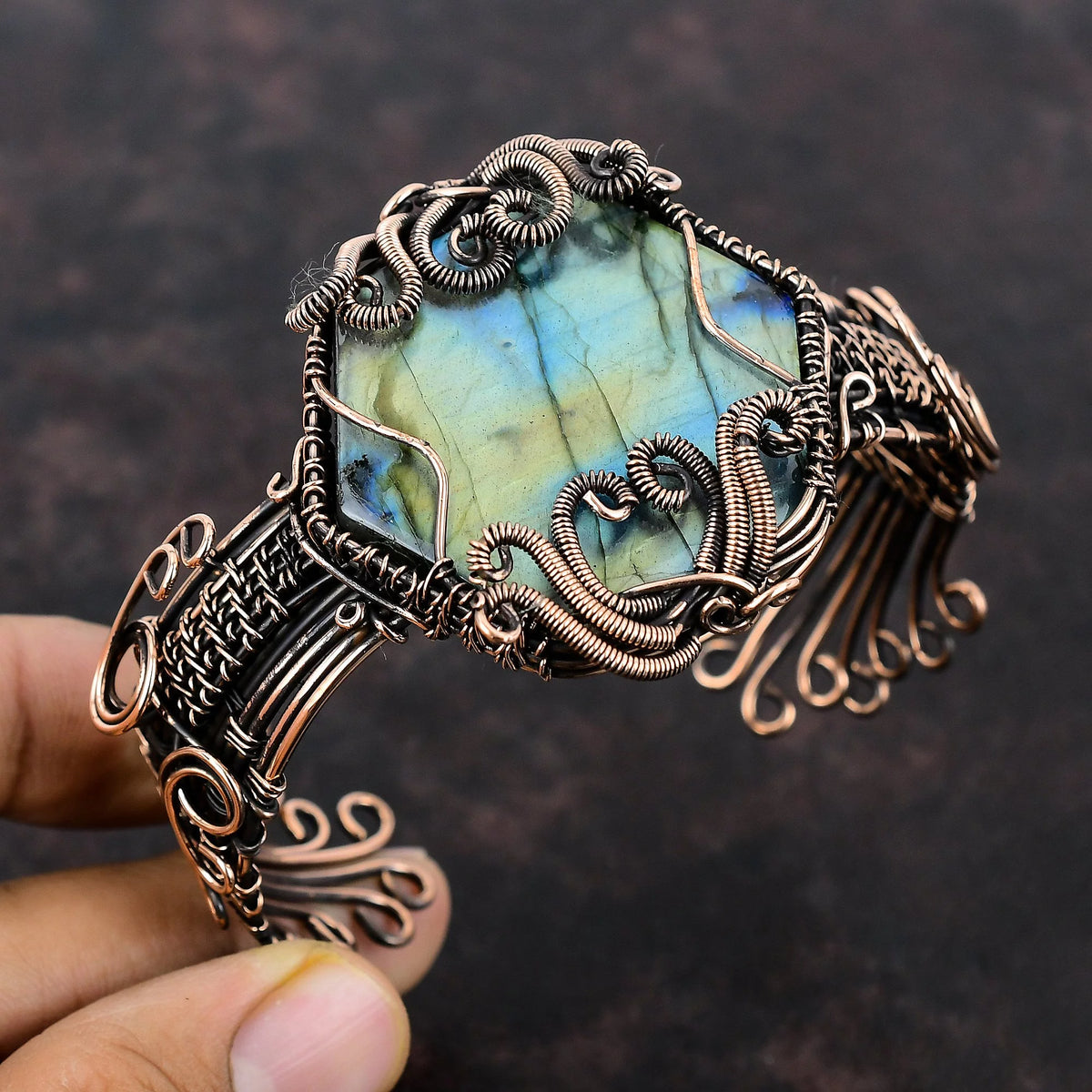 Green Swiss Opal Gemstone Bangle Copper Wire Wrapped Adjustable Cuff Bracelet