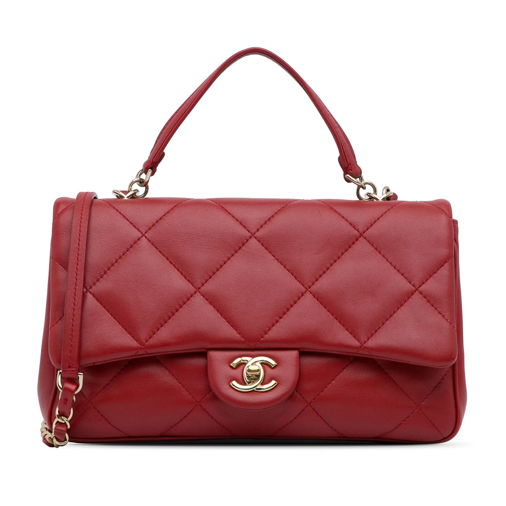 Previously Owned Authenticated Chanel Small Easy Carry Flap Bag Lambskin Leather Red Satchel Unisex (Good)